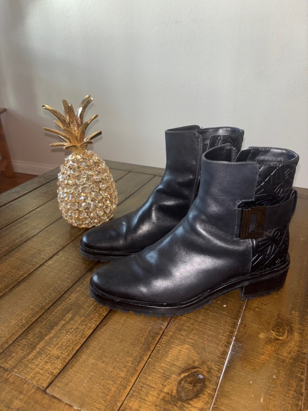 Karl Lagerfeld Black Leather Ankle Boots with Embossed Back Panel